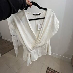 Zara Cream Cap Sleeve Wrap Peplum Blouse